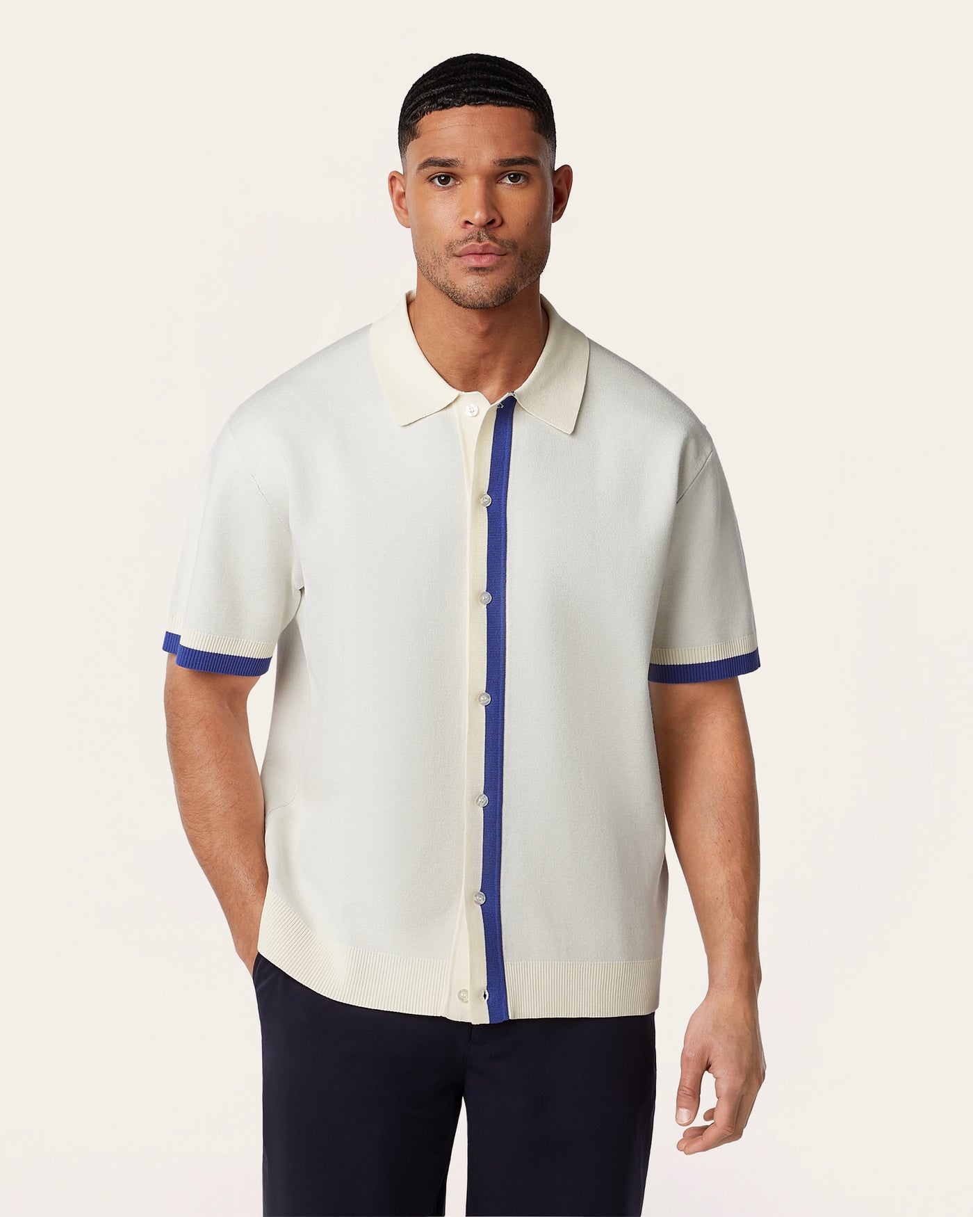 Jacquard Short Sleeve Shirt Off White / Cobalt Blue