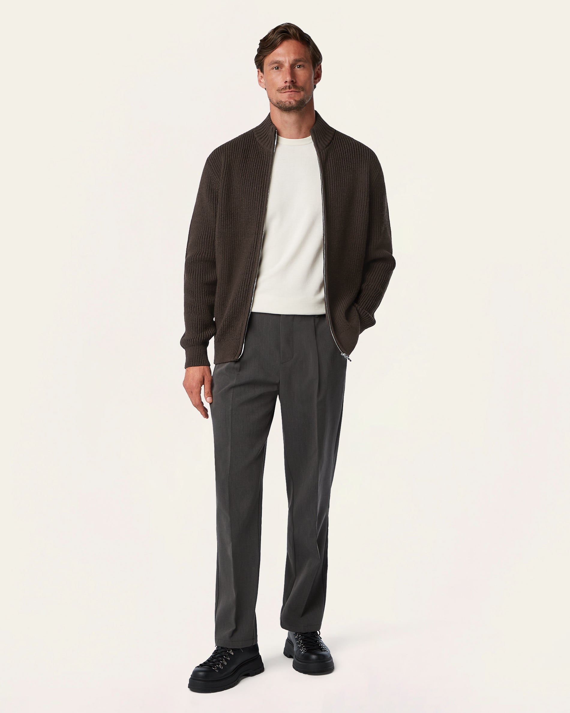 Heavy Seawool Full Zip Cardigan Dark Brown